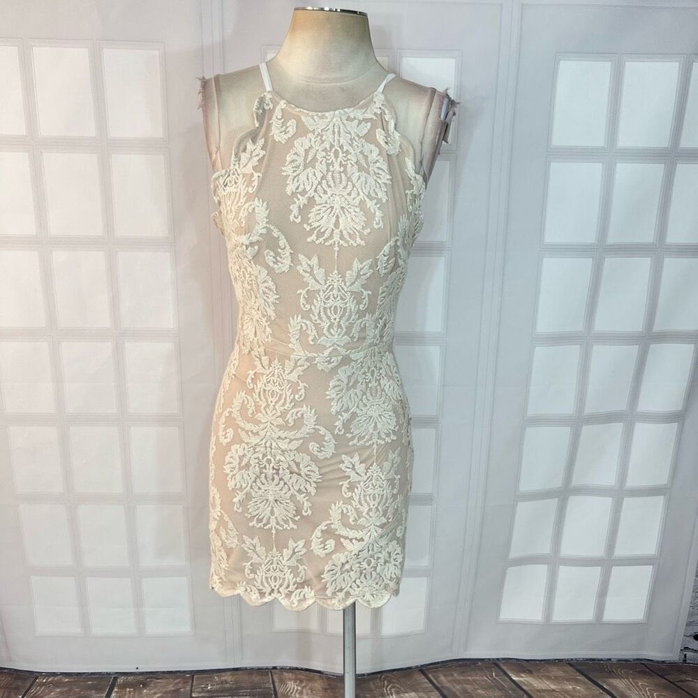 Hello Molly Cream Lace Halter Open Back Bodycon Mini Dress Size 12